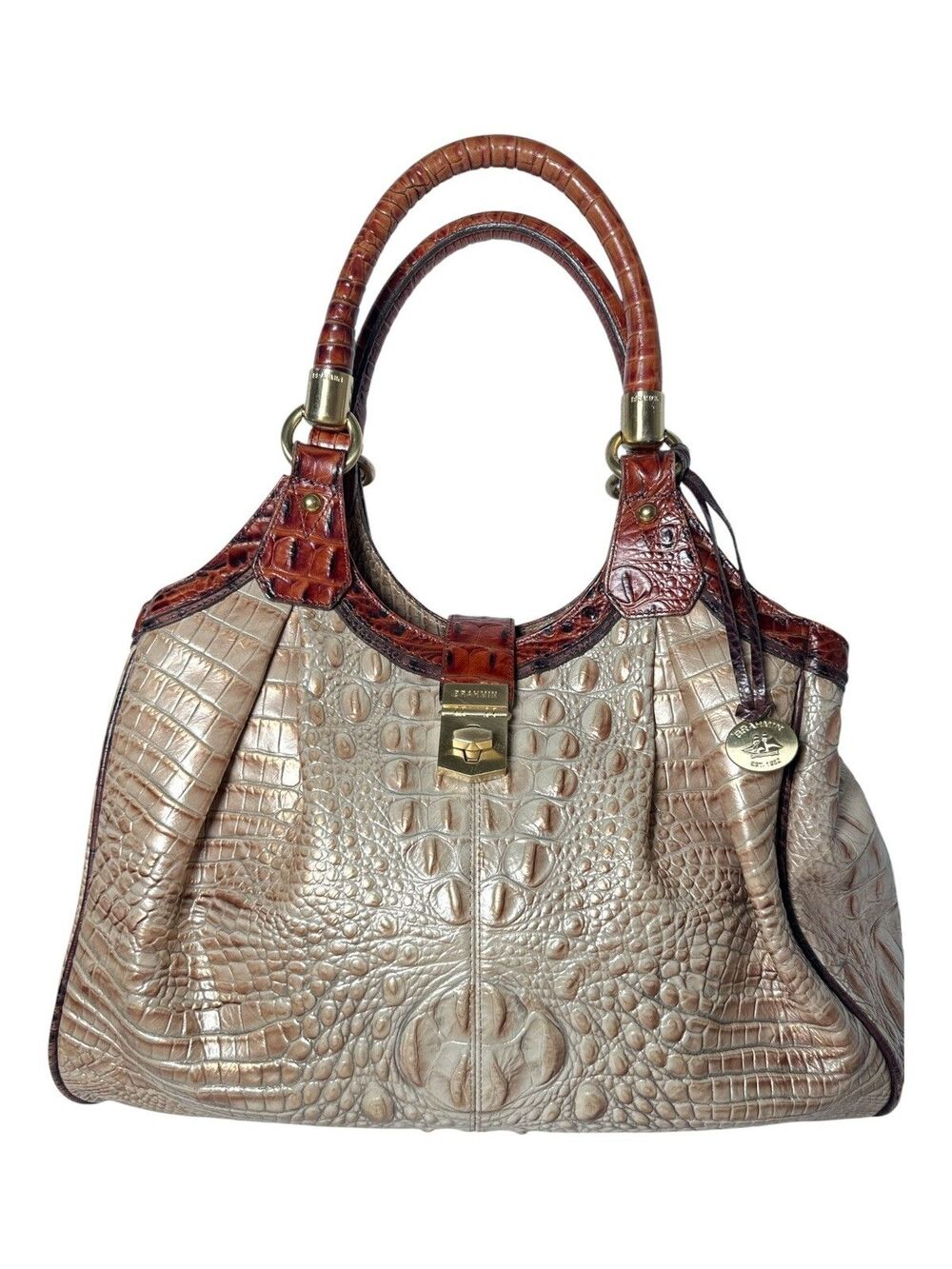 Brahmin Elisa Hobo Satchel Pearl Champagne Melbourne Embossed Leather Turn Lock